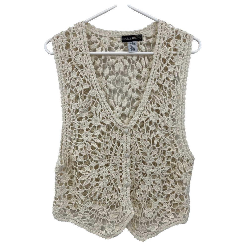 Harold's VTG Crochet Vest Size L Ivory Ramie 3 Button Layering (Runs Small) 19"